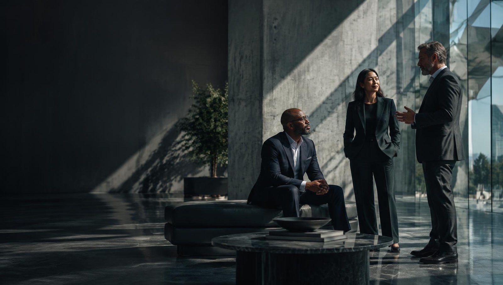 Senior leaders in conversation in a modern architectural workspace