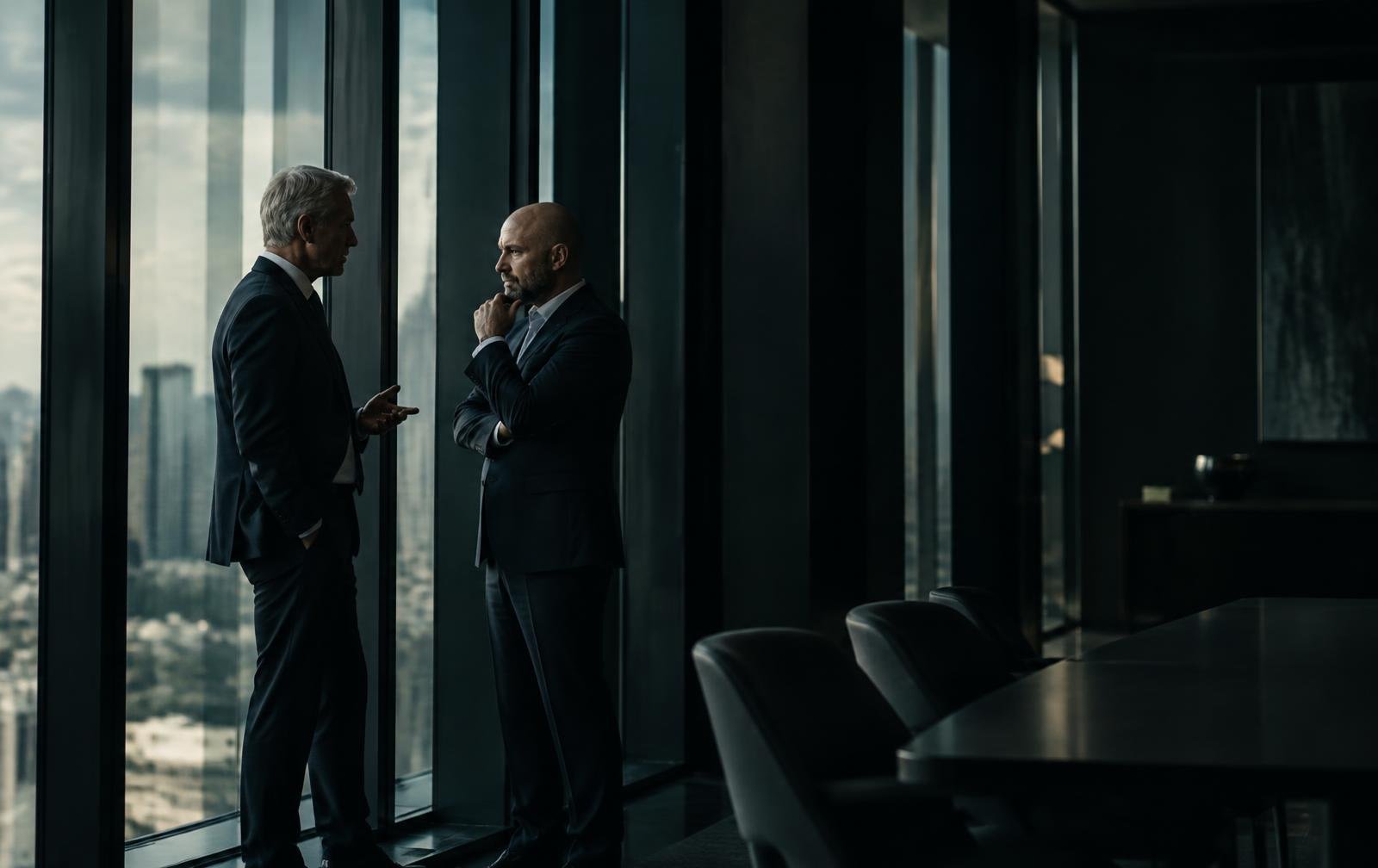 Two leaders talking beside a glass wall in a dark modern office