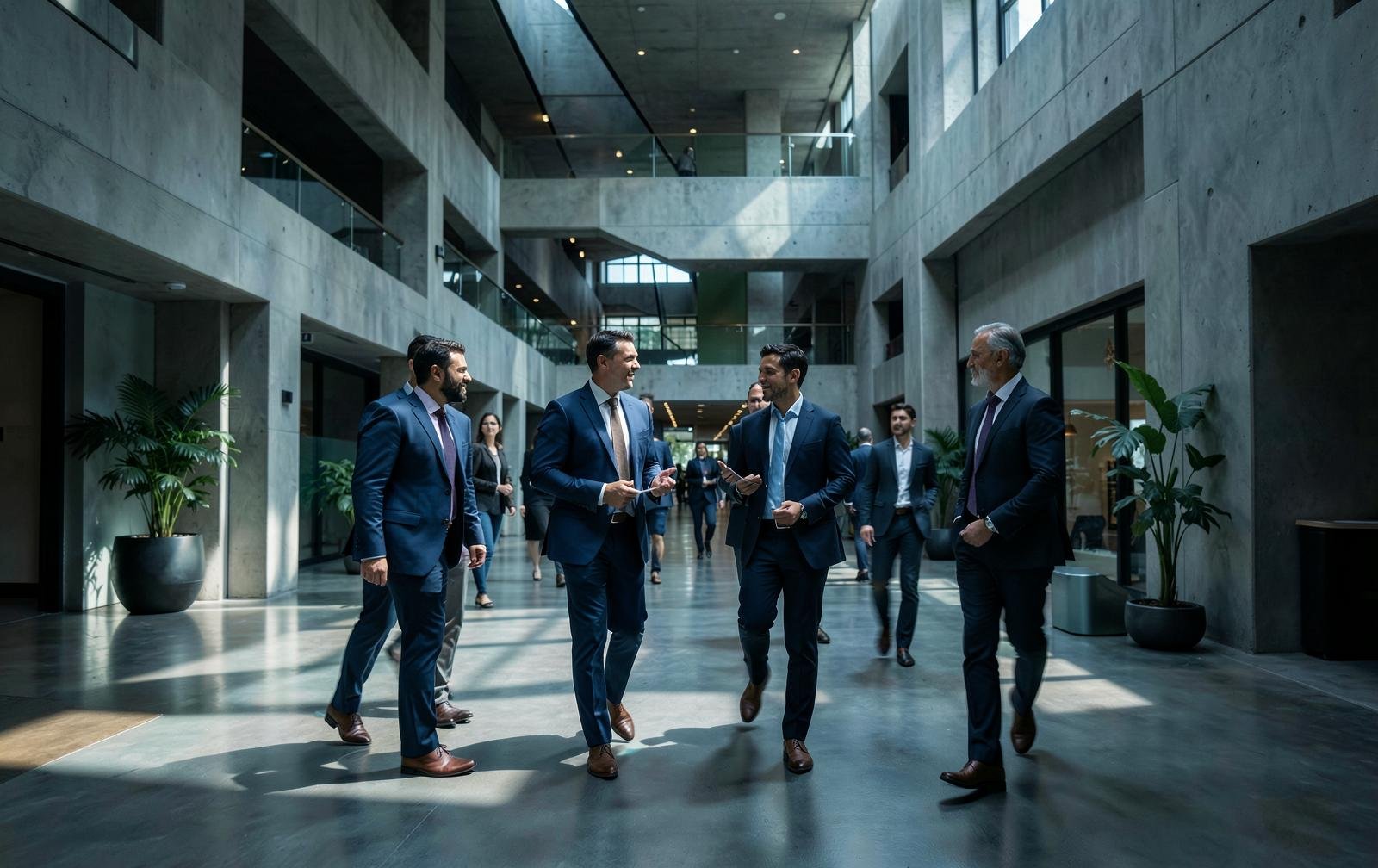 Leaders walking through a large modern atrium